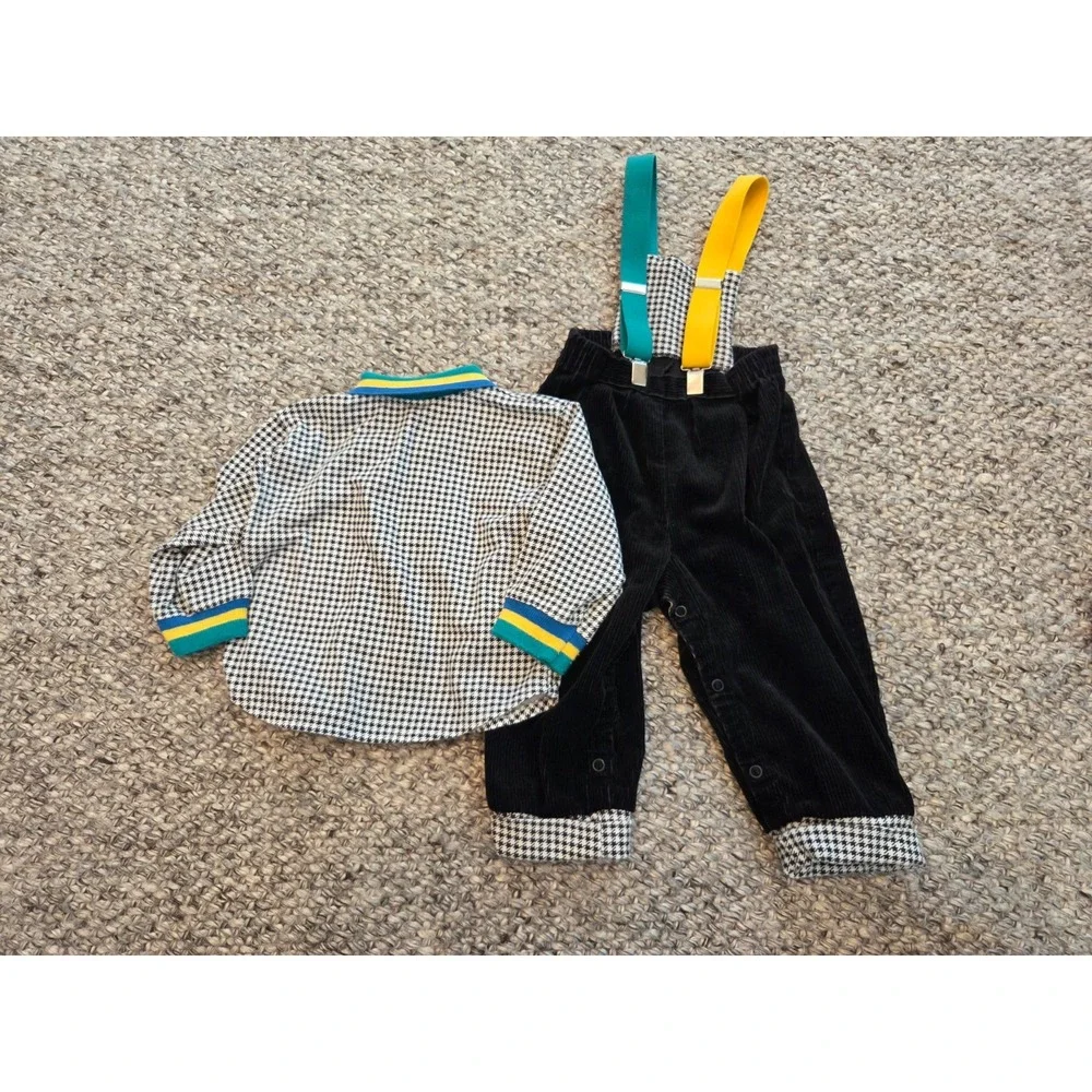 Vintage 80s Carter's Outfit Green Yellow Polo Shirt Black Overalls Baby Boy 18m